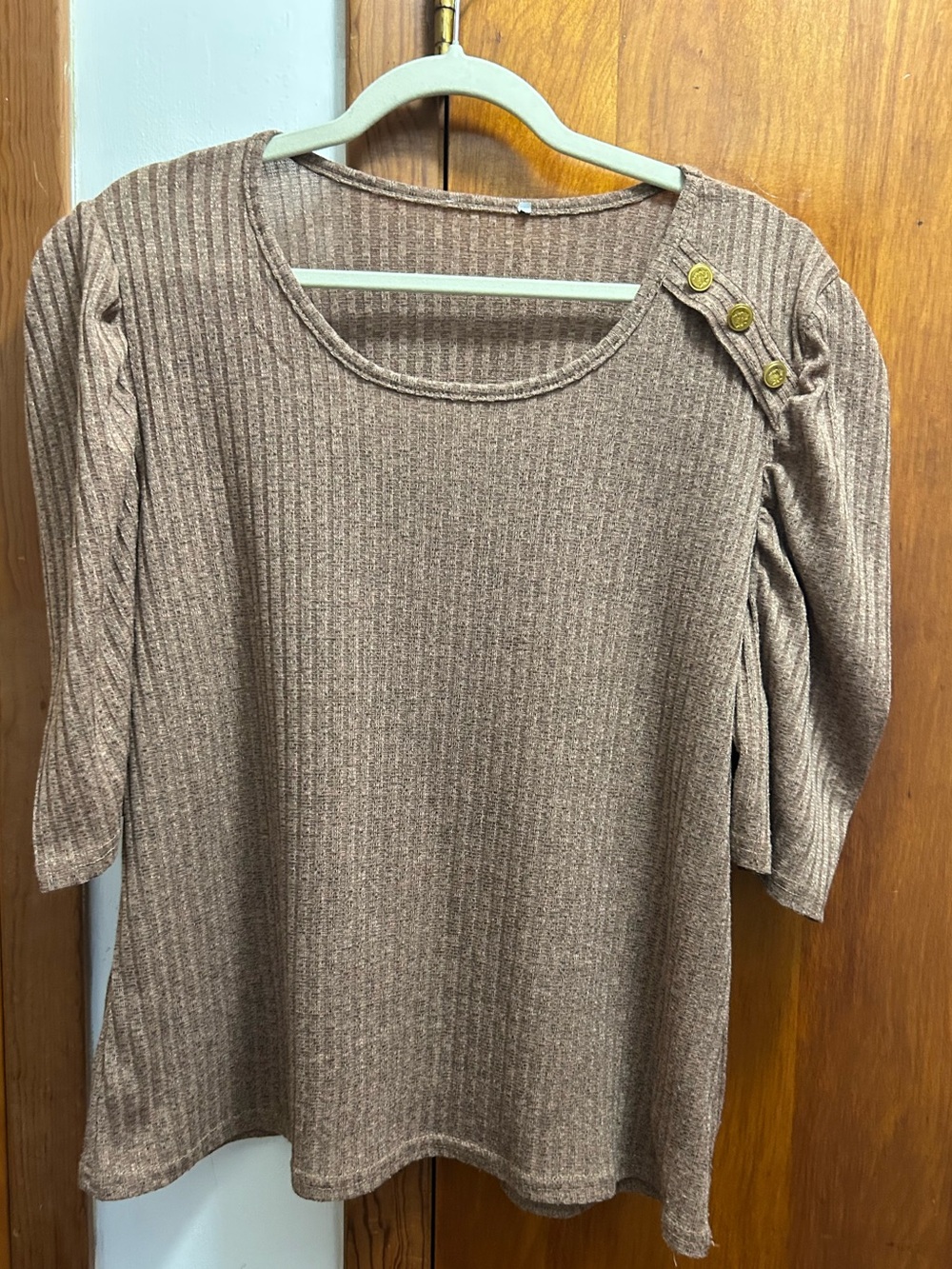 Ribbed Scoop-Neck Long Sleeve Top with Shoulder Button Detail - Brown